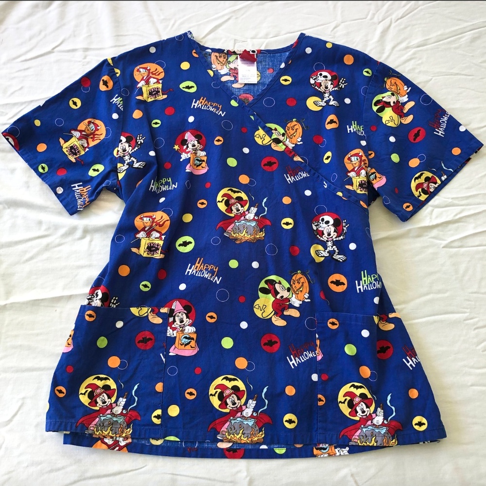 Blue Disney Halloween Scrub Shirt Mickey Minnie